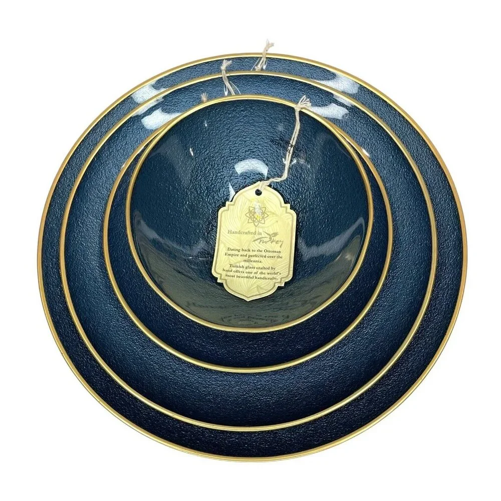 Turkish Glass 4 Entree Dinner Plates Set Blue Textured Gold Rim 11